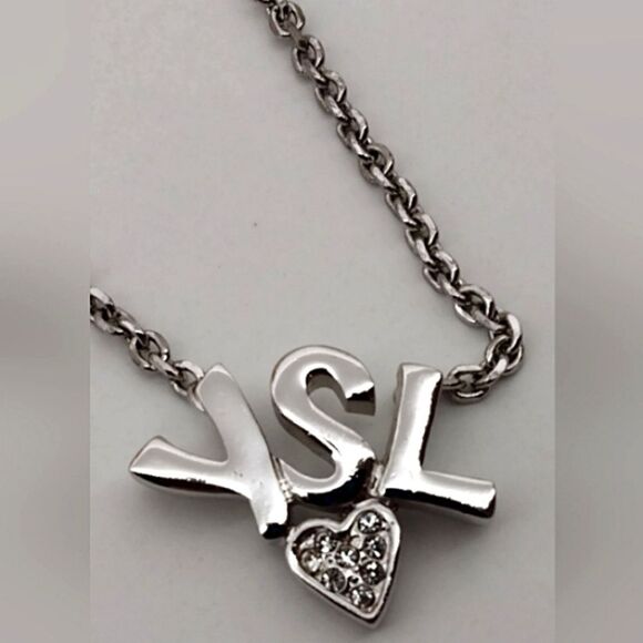 YSL Yves Saint Laurent Rhinestone Heart Silver Necklace Choker Jewelry Authentic - Picture 5 of 15